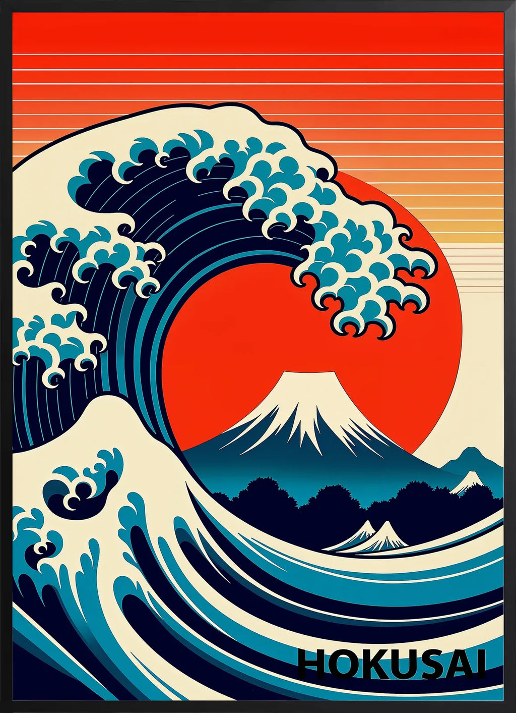 Encadrement noir mat autour de la grande vague pop art et du soleil rouge