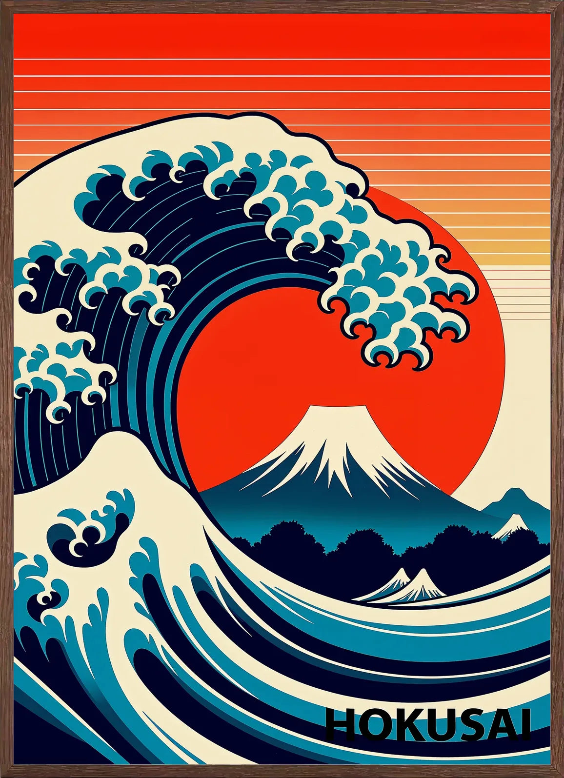 Cadre chene clair entourant l'affiche vague pop art et mont Fuji