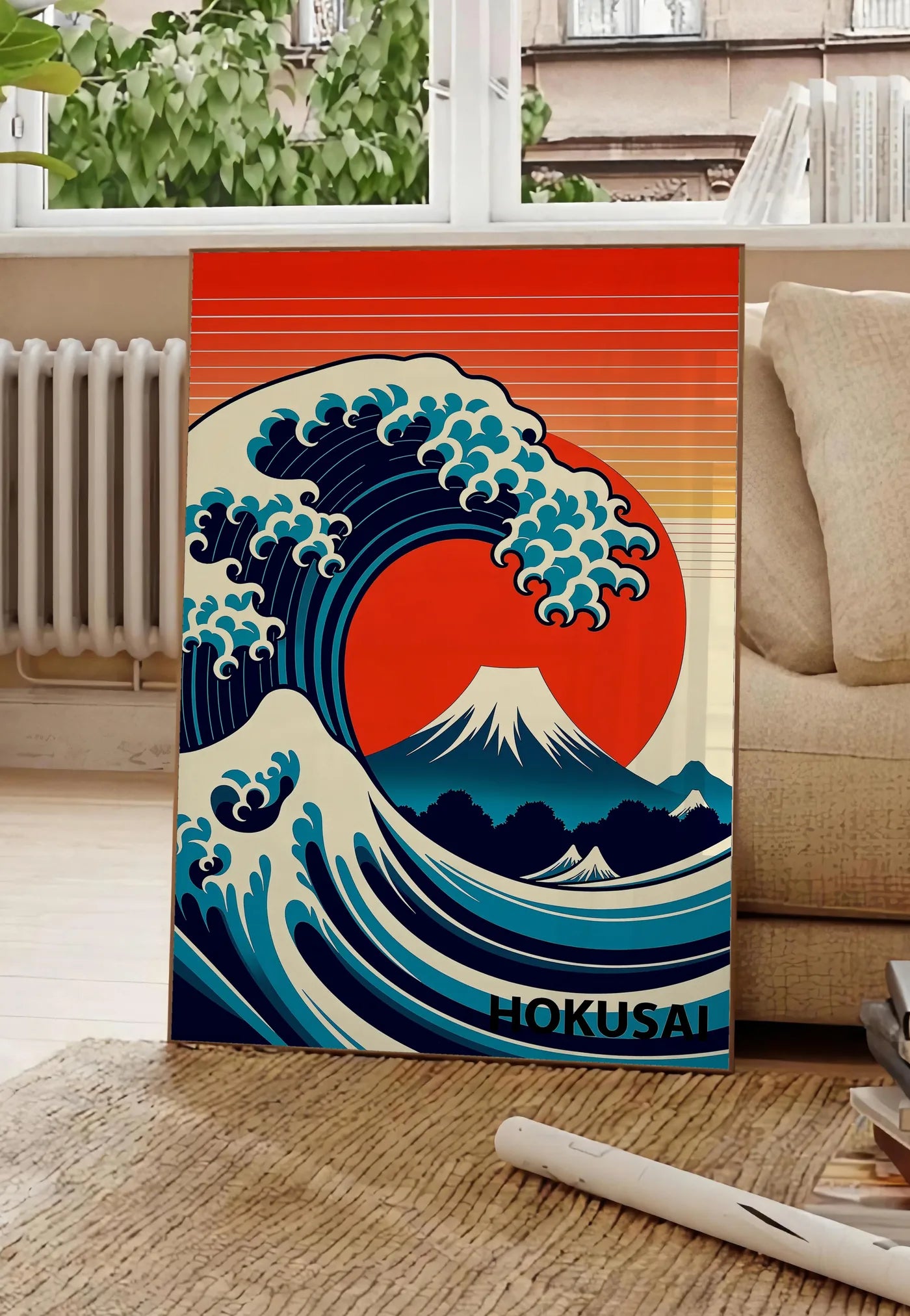 Poster affiche grande vague pop art, posee au sol dans un salon parisien, devant une grande fenetre donnant sur un immeuble haussmannien, entre un ficus et un canape creme