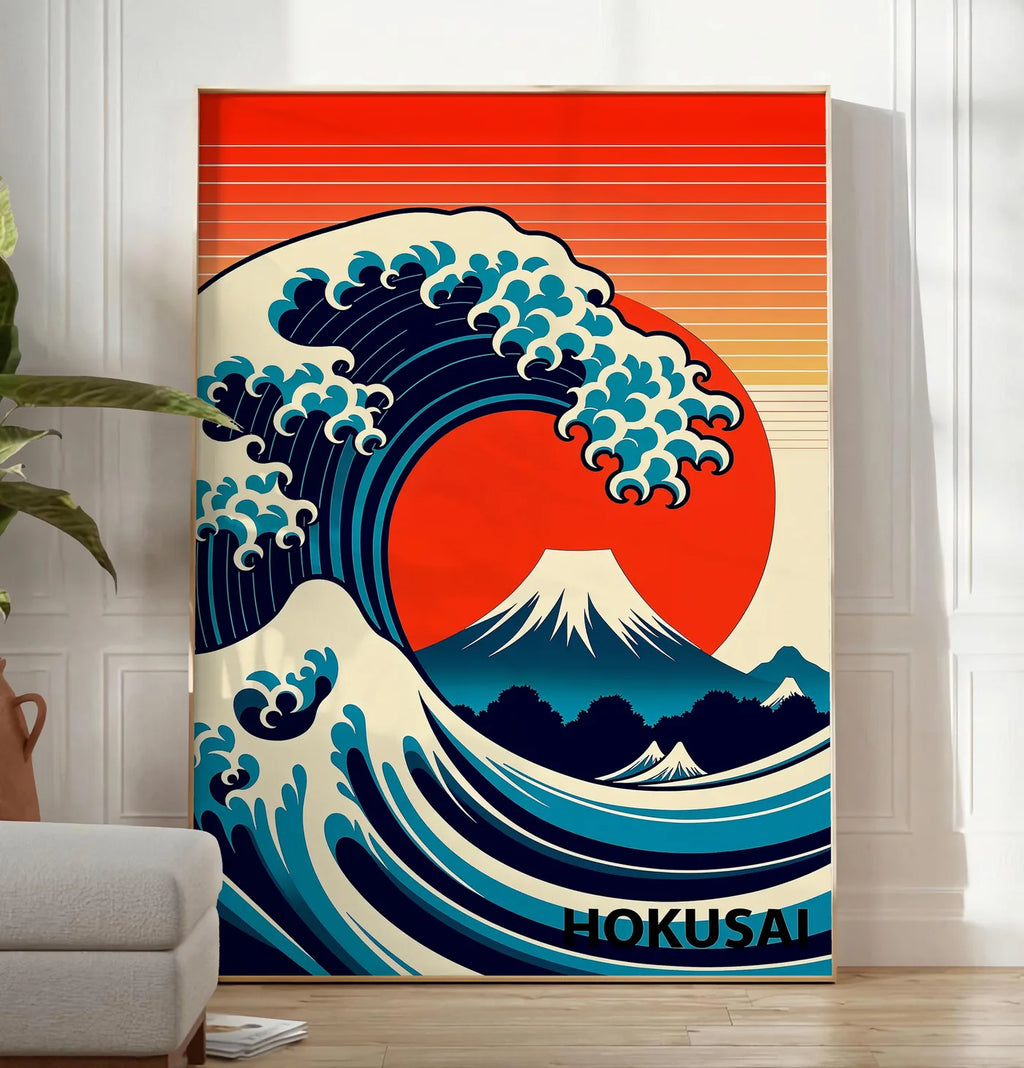 Reproduction affiche grande vague pop art, posee au sol dans un salon minimaliste clair, a cote d'un canape beige et d'une plante verte, sur un parquet clair