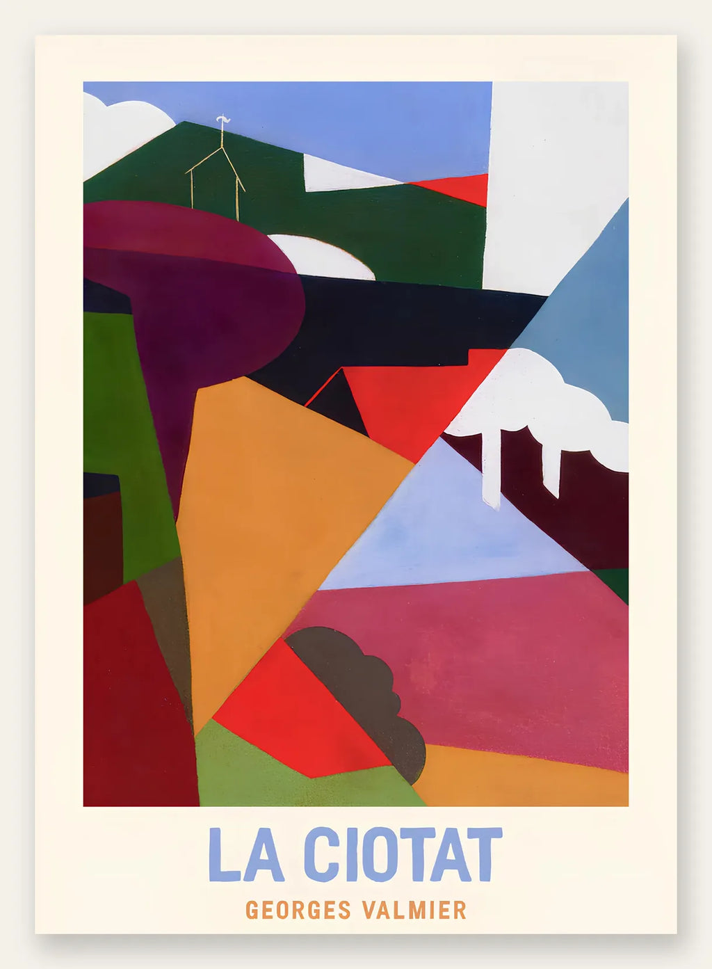 Affiche La Ciotat cubiste, paysage de collines en aplats colores facettes