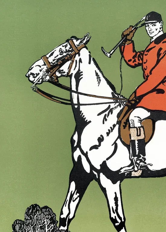 Gros plan sur le cavalier en habit rouge et le cheval blanc