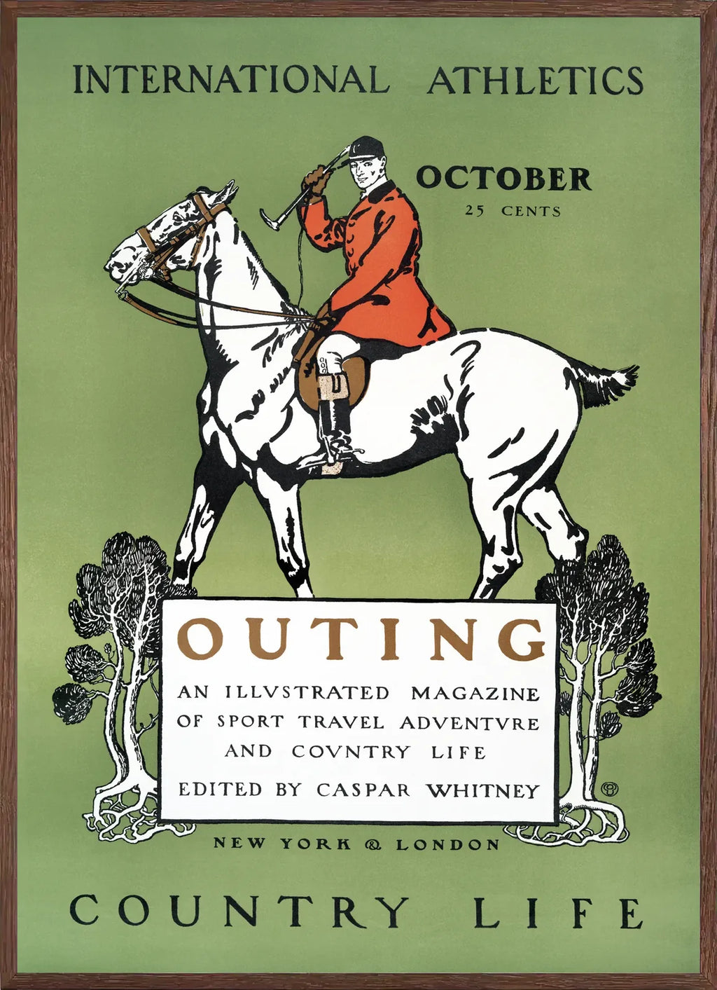 Cadre chene clair entourant l'affiche Outing cavalier vintage
