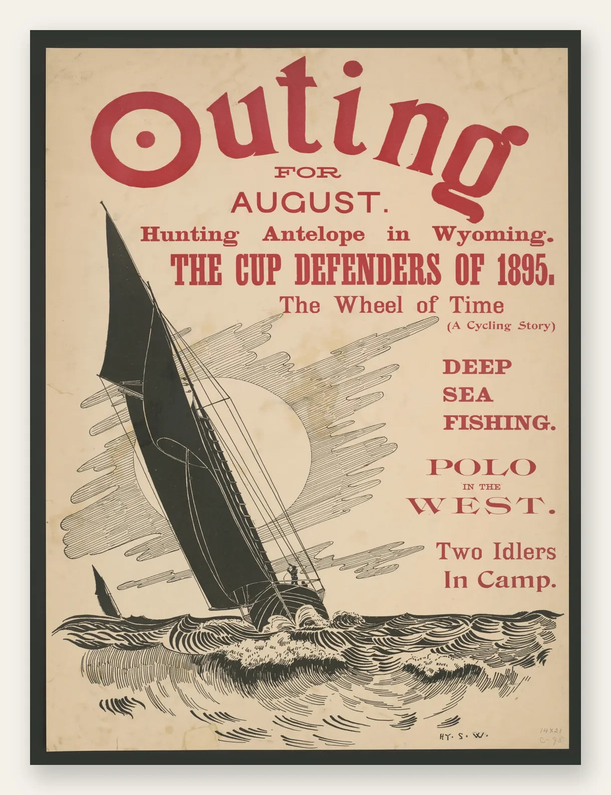 Affiche Outing vintage, voilier de regate gite sur les vagues sous la lune