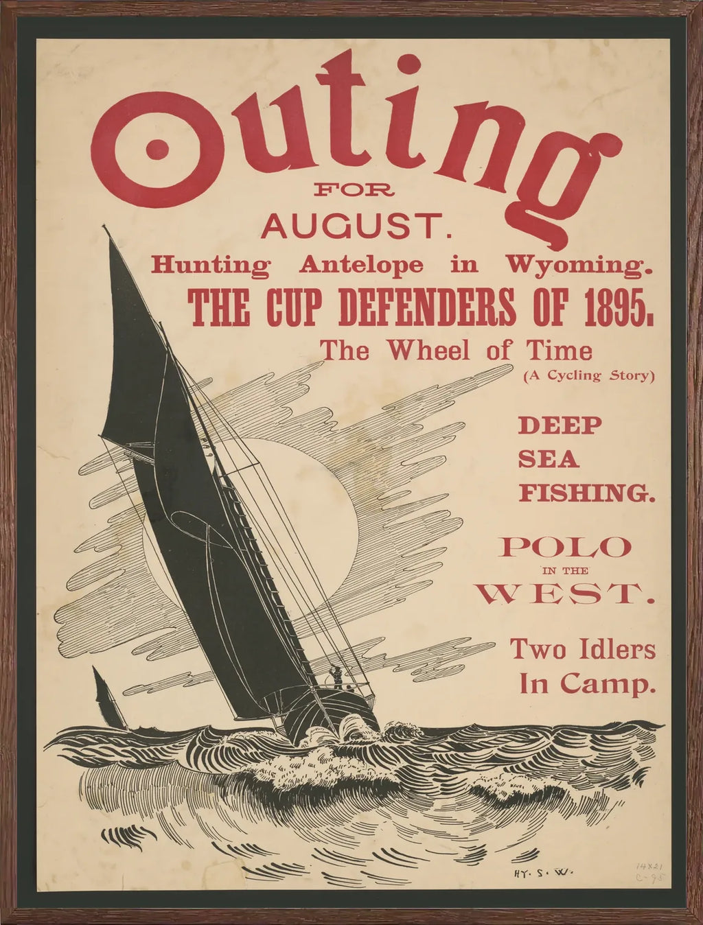 Cadre chene clair entourant l'affiche Outing voilier vintage