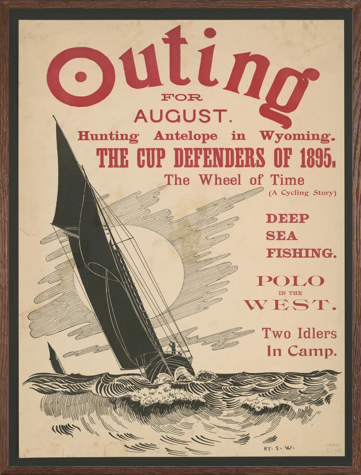 Cadre chene clair entourant l'affiche Outing voilier vintage