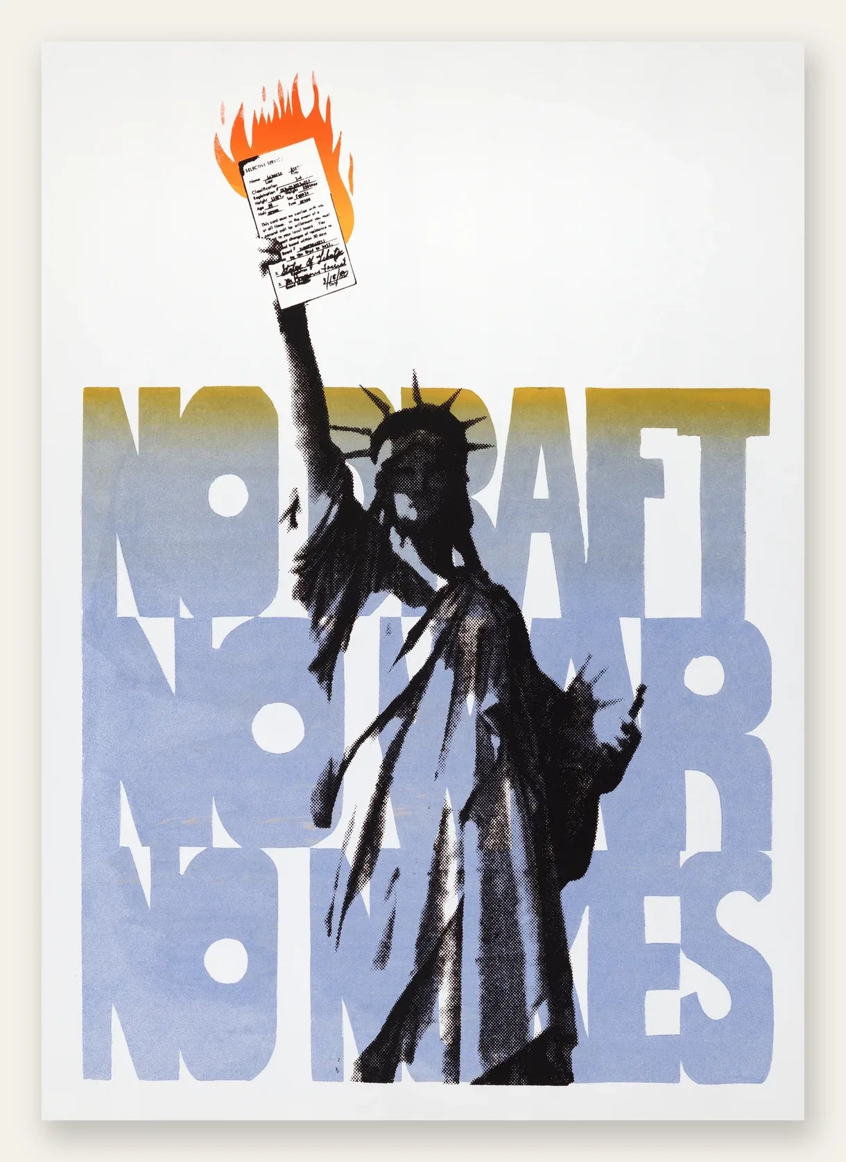 Affiche Statue de la Liberte vintage, silhouette en demi-teinte sur typographie bleue