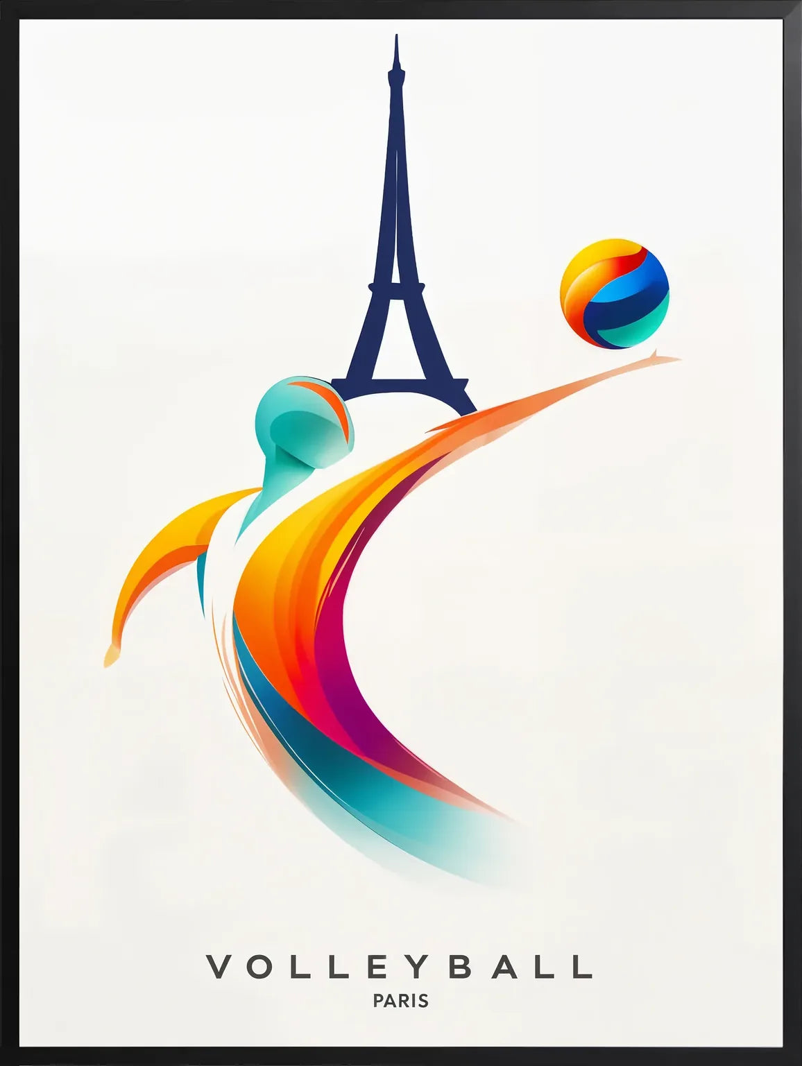 Encadré noir mat, joueur de volley stylisé devant la Tour Eiffel, contraste fort sur la typographie en capitales