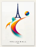 Affiche volleyball Paris, joueur en ruban de couleur smashant le ballon et tour Eiffel