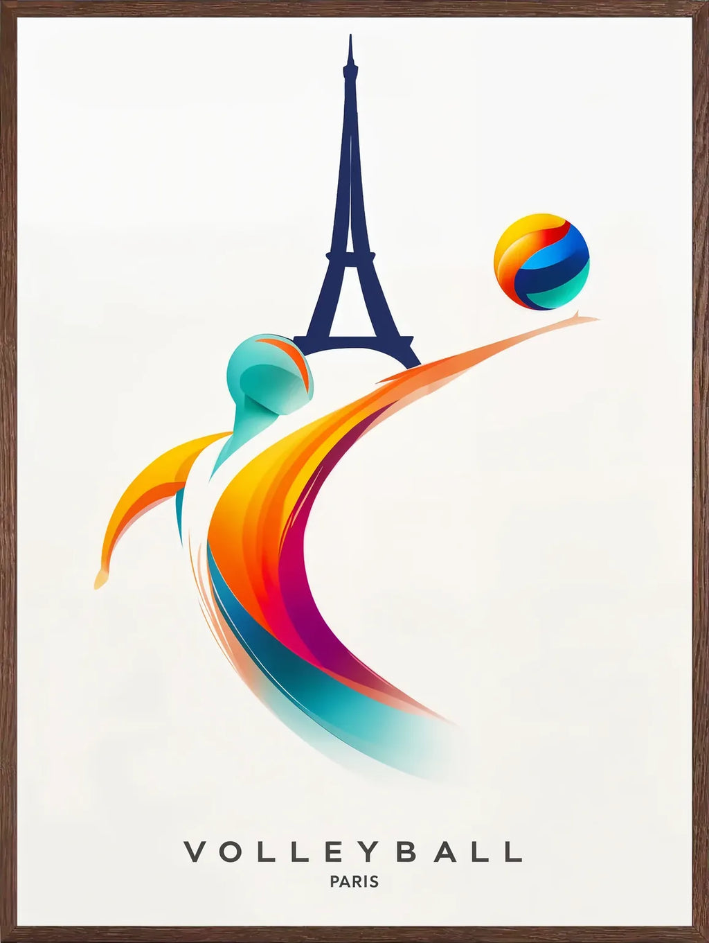 Cadre chene clair entourant l'affiche volleyball Paris en mouvement