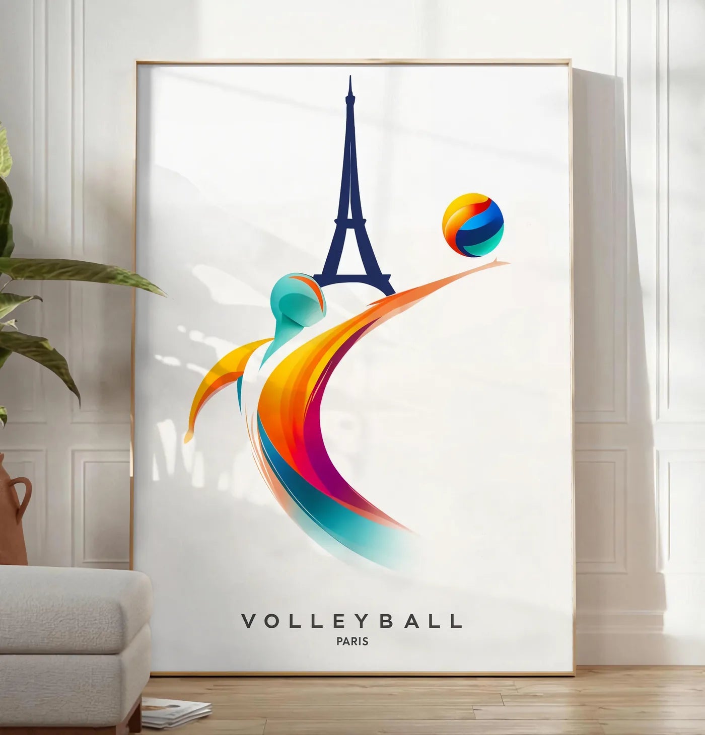 Reproduction affiche volleyball Paris, posee au sol dans un salon minimaliste clair, a cote d'un canape beige et d'une plante verte, sur un parquet clair