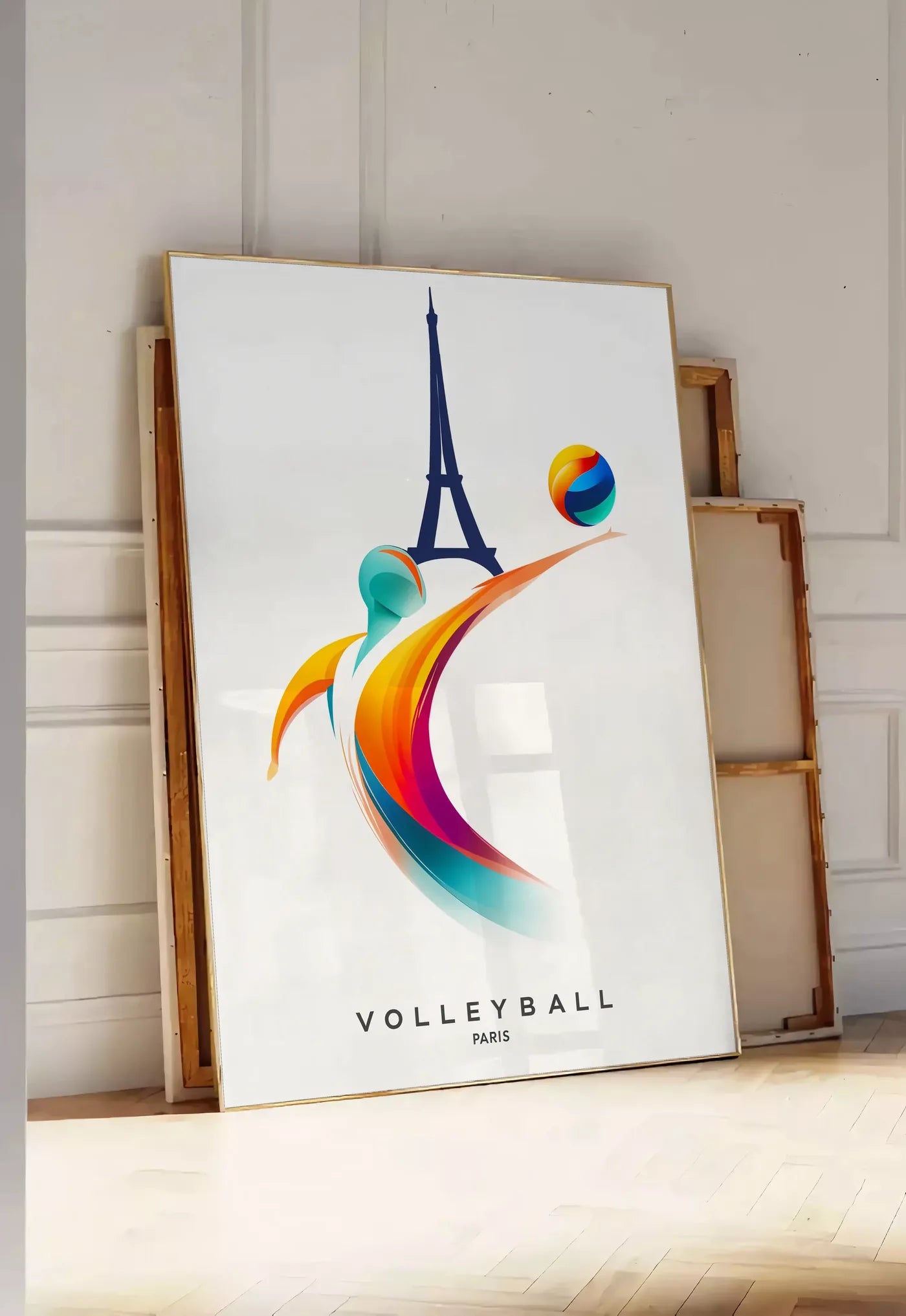 Tirage encadrable affiche volleyball Paris, posee au sol dans une entree lumineuse, contre un mur a panneaux blancs, a cote de chassis en bois empiles