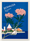 Affiche Bermudes vintage, fleurs d'oleander roses devant un voilier et la mer bleue