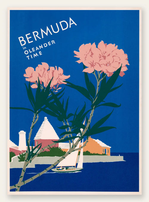 Affiche Bermudes vintage, fleurs d'oleander roses devant un voilier et la mer bleue