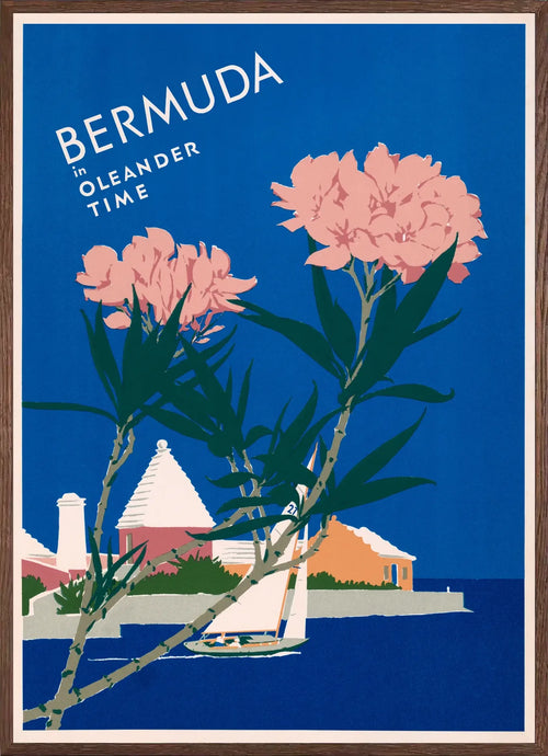 Cadre chene clair entourant l'affiche Bermudes oleander vintage