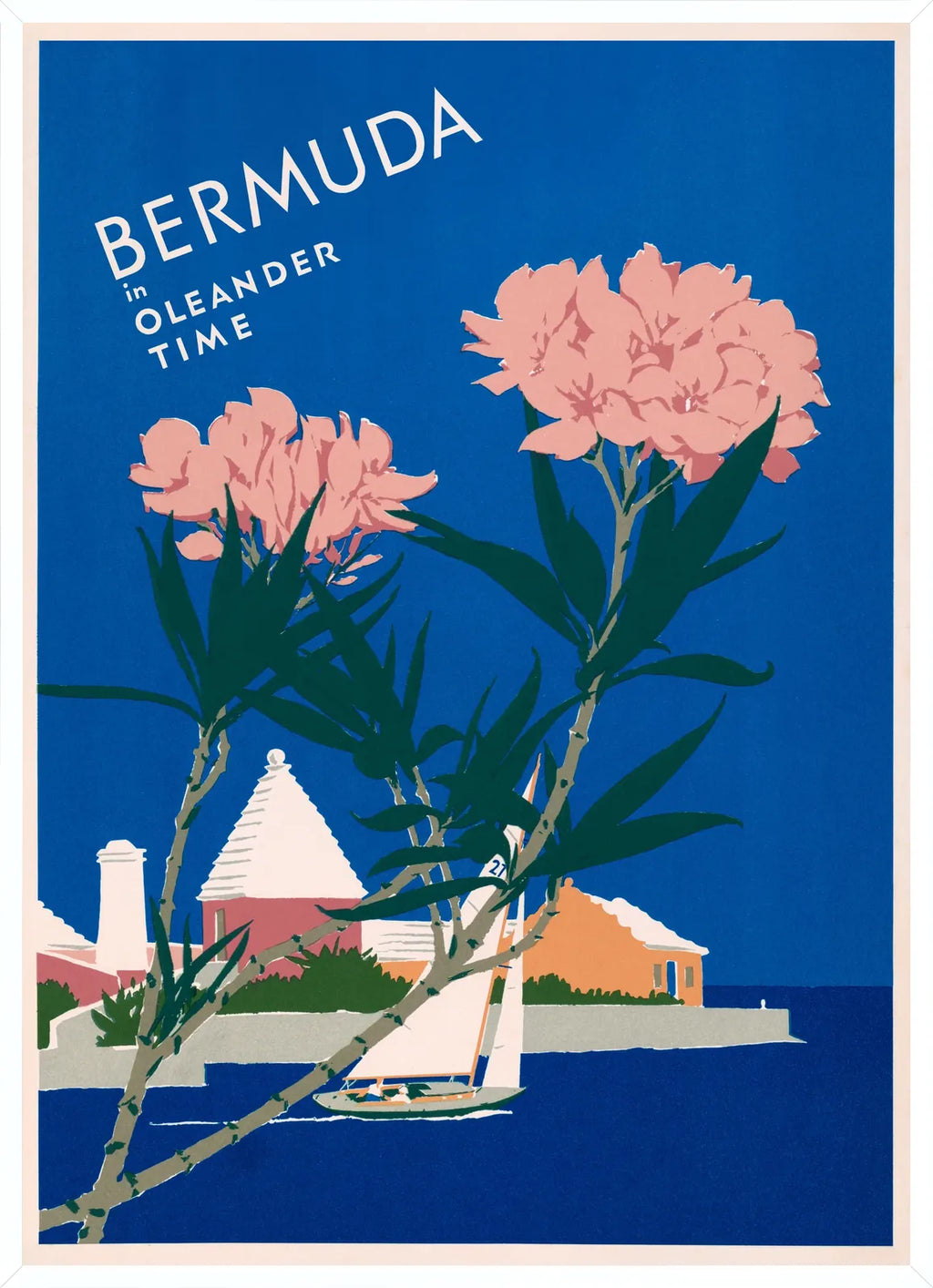 Cadre blanc epure presentant l'affiche Bermudes voyage vintage
