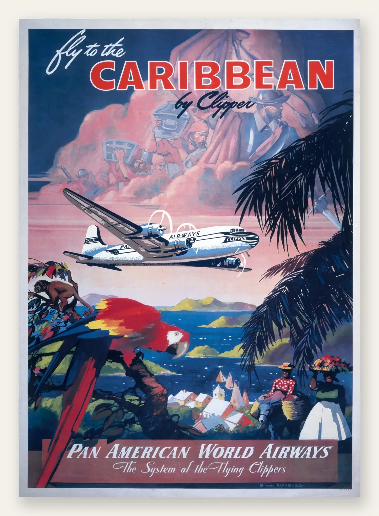 Affiche Caraibes vintage, avion Clipper Pan Am au-dessus de la baie et perroquet rouge