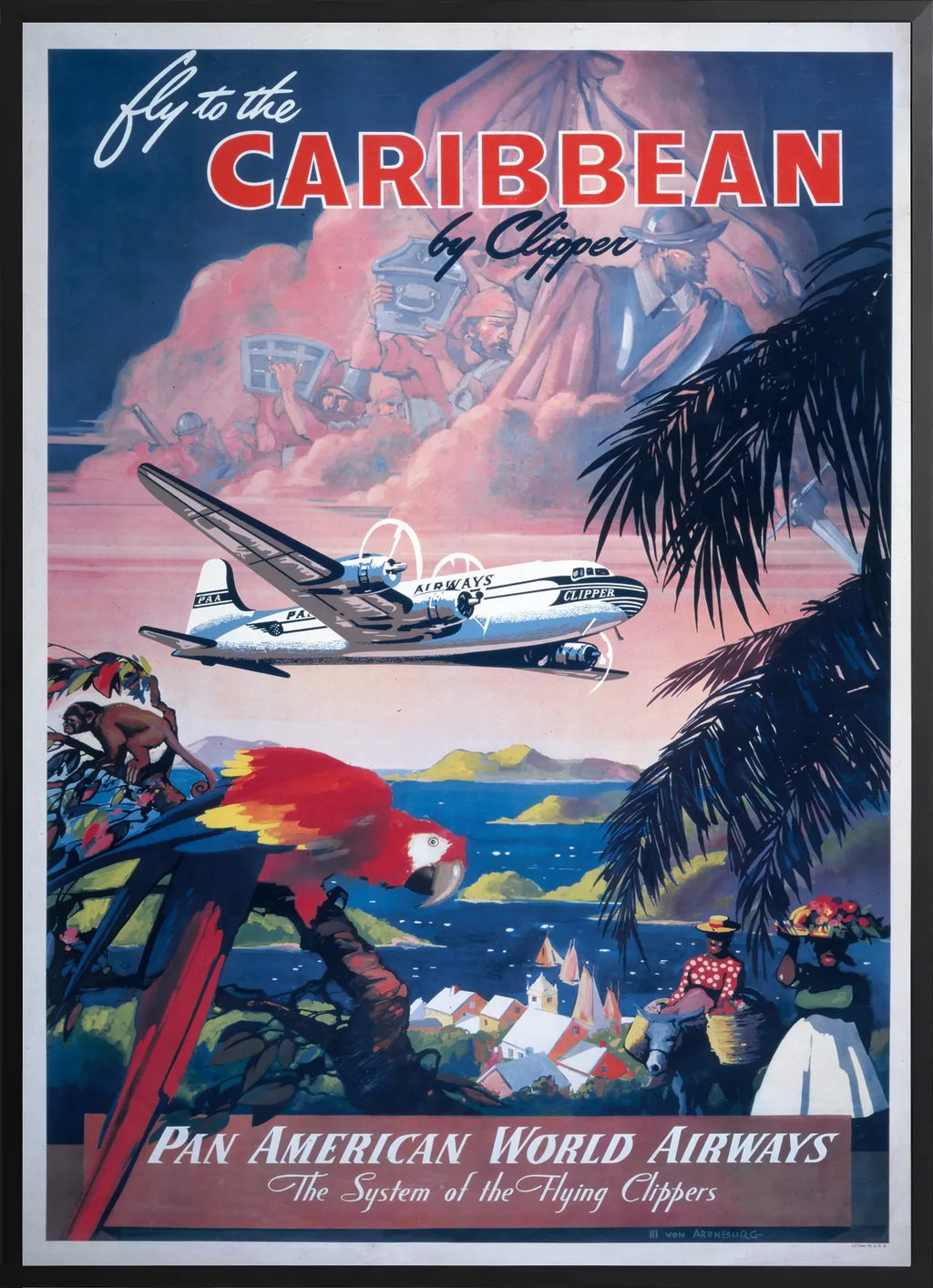 Encadrement noir mat autour de l'avion Clipper et du perroquet rouge