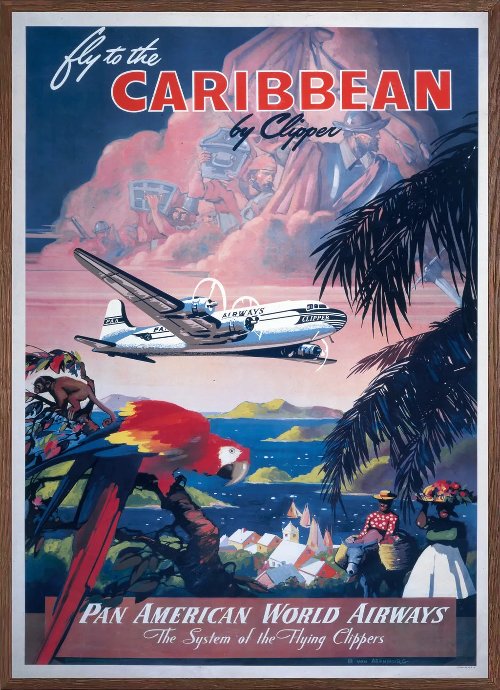 Cadre chene clair entourant l'affiche Caraibes Clipper vintage