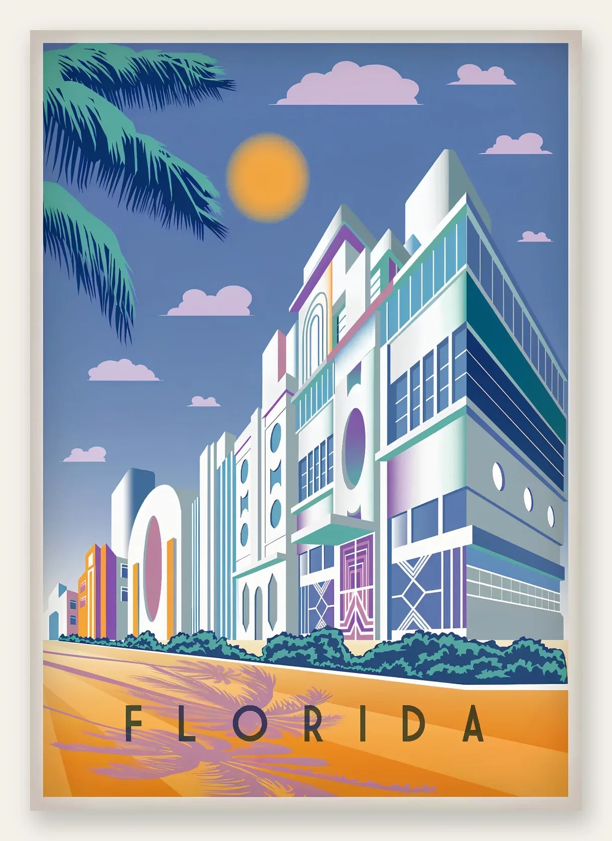 Affiche Floride Art Deco, facades pastel de Miami South Beach au soleil