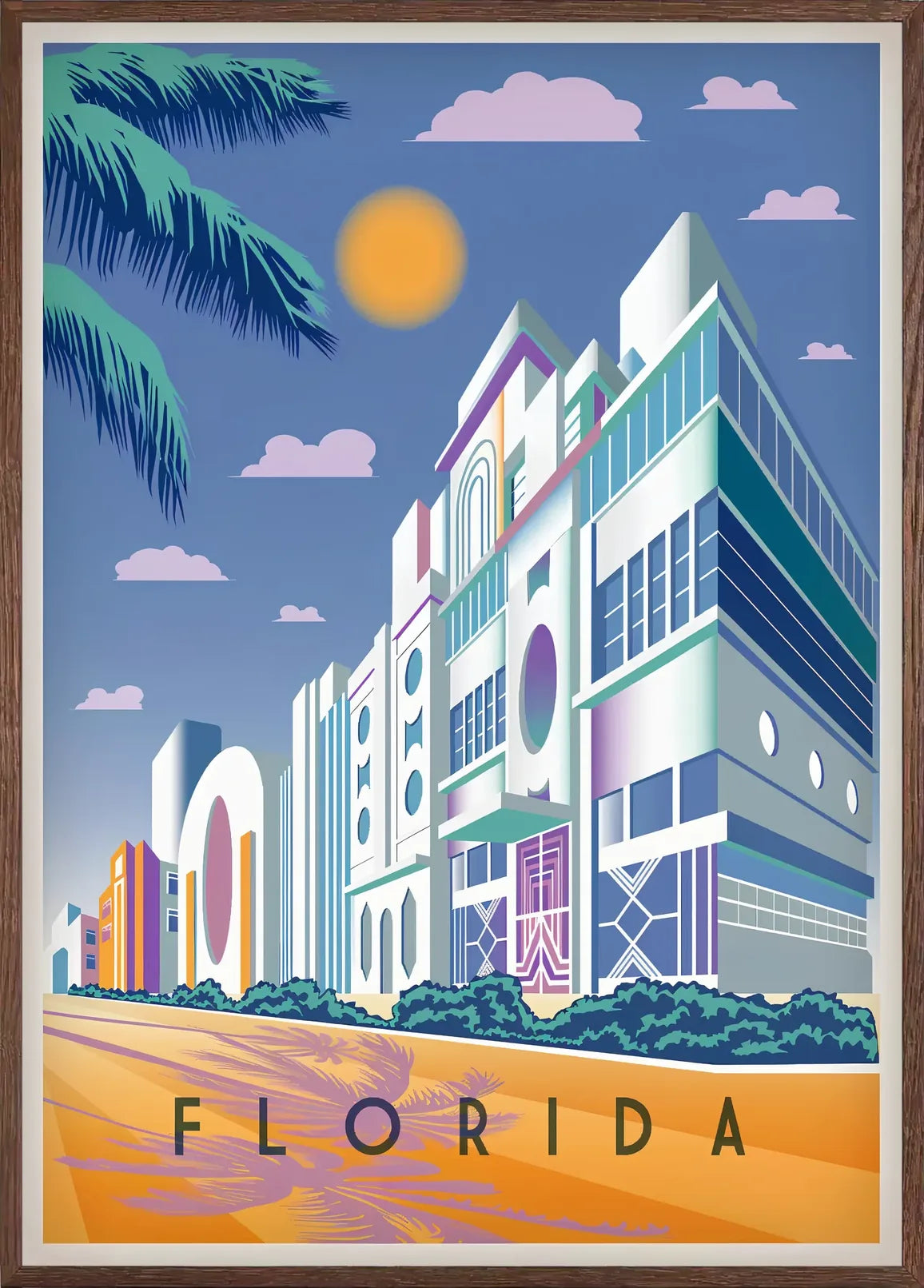 Cadre chene clair entourant l'affiche Floride Miami Art Deco