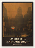 Affiche Londres vintage, rue dans la brume au crepuscule et logo Underground sepia