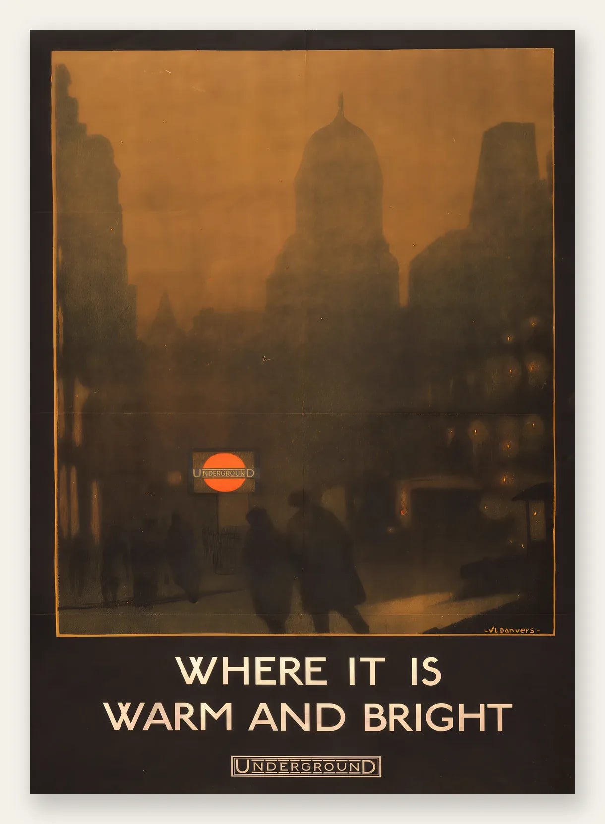 Affiche Londres vintage, rue dans la brume au crepuscule et logo Underground sepia