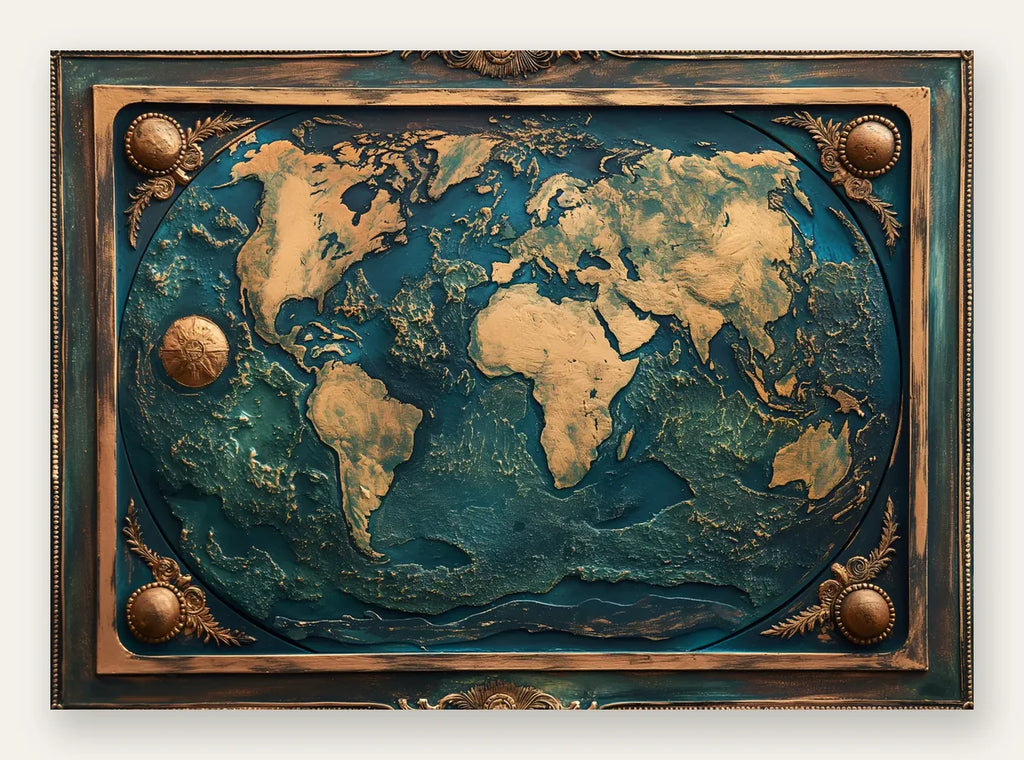 Affiche mappemonde antique doree, carte du monde en relief sur fond bleu canard