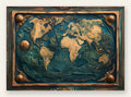 Affiche mappemonde antique doree, carte du monde en relief sur fond bleu canard