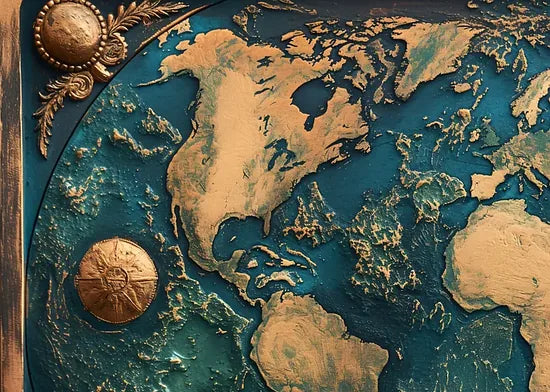 Gros plan sur le relief dore de la mappemonde et la boussole