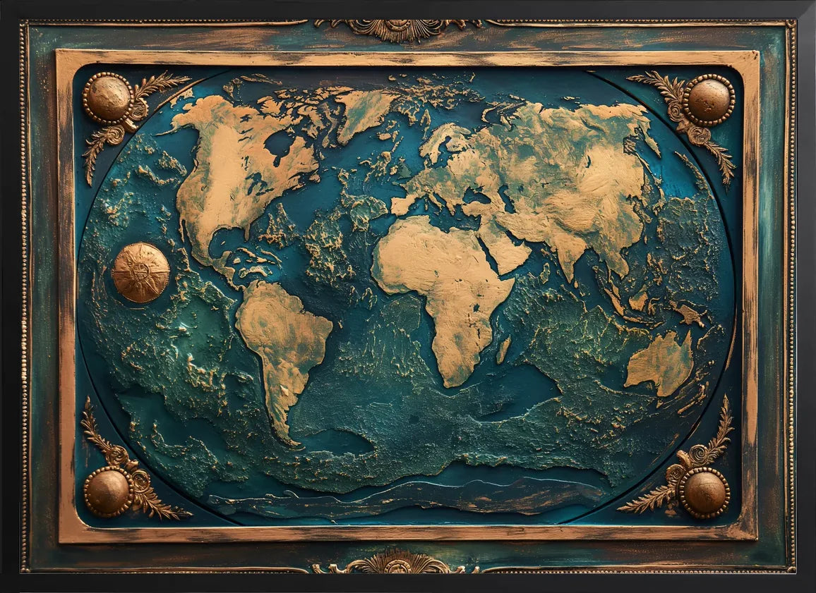 Encadrement noir mat autour de la mappemonde doree et de la boussole