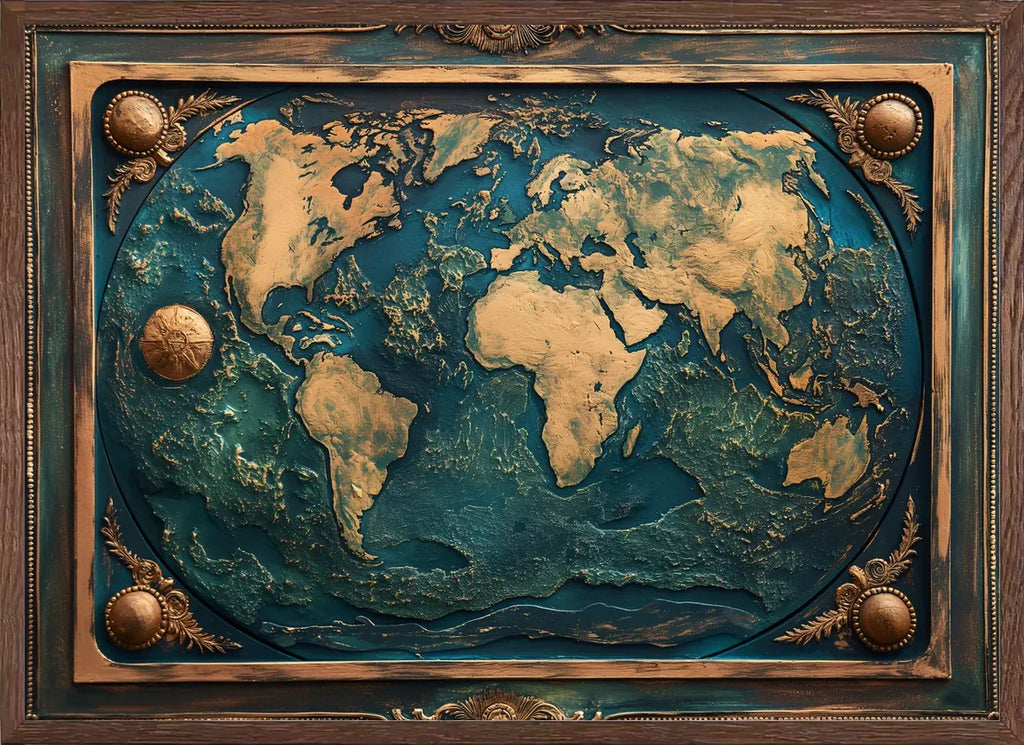 Cadre chene clair entourant l'affiche mappemonde carte du monde doree