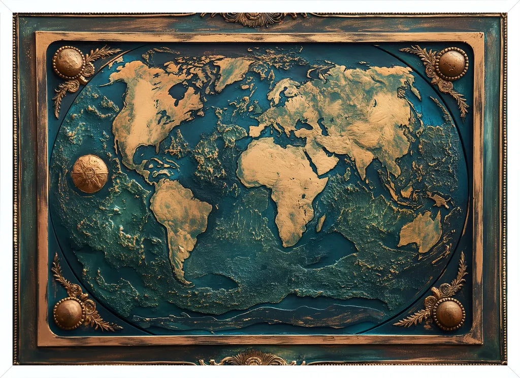 Cadre blanc epure presentant l'affiche carte du monde Art Deco