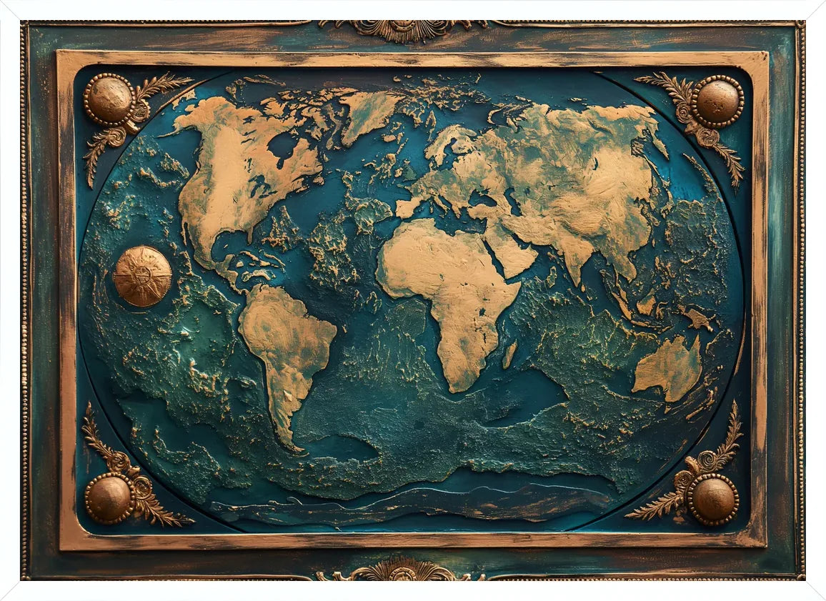 Cadre blanc epure presentant l'affiche carte du monde Art Deco