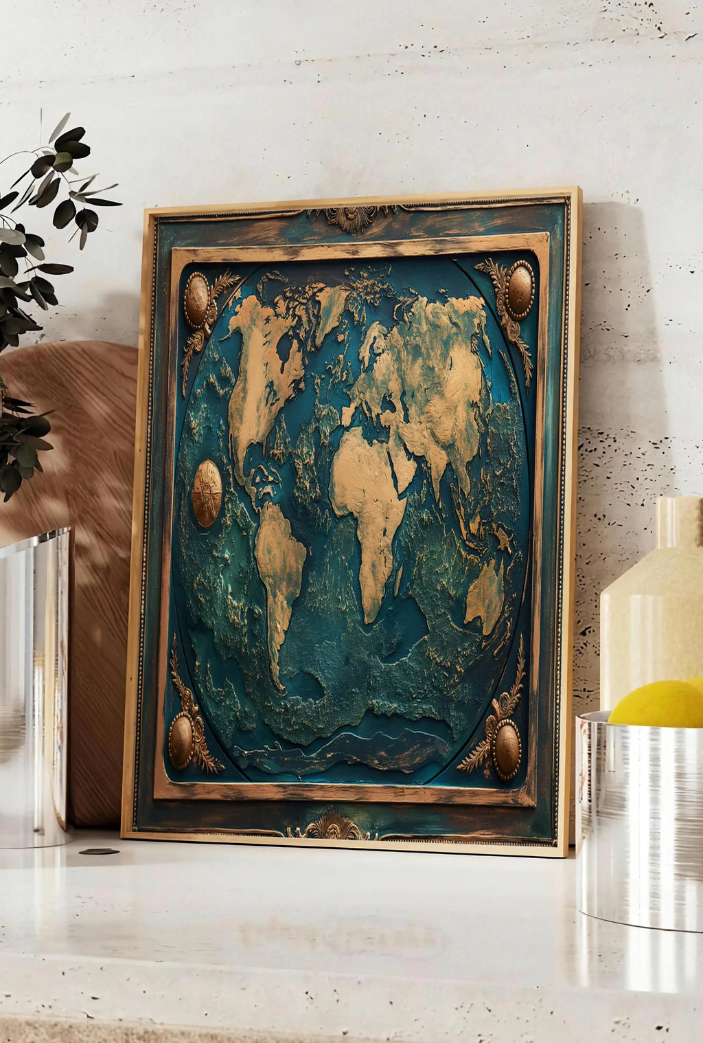 Affiche affiche mappemonde antique doree, posee sur un plan de travail de cuisine en pierre claire, entre une branche d'eucalyptus en vase et un bocal de citrons