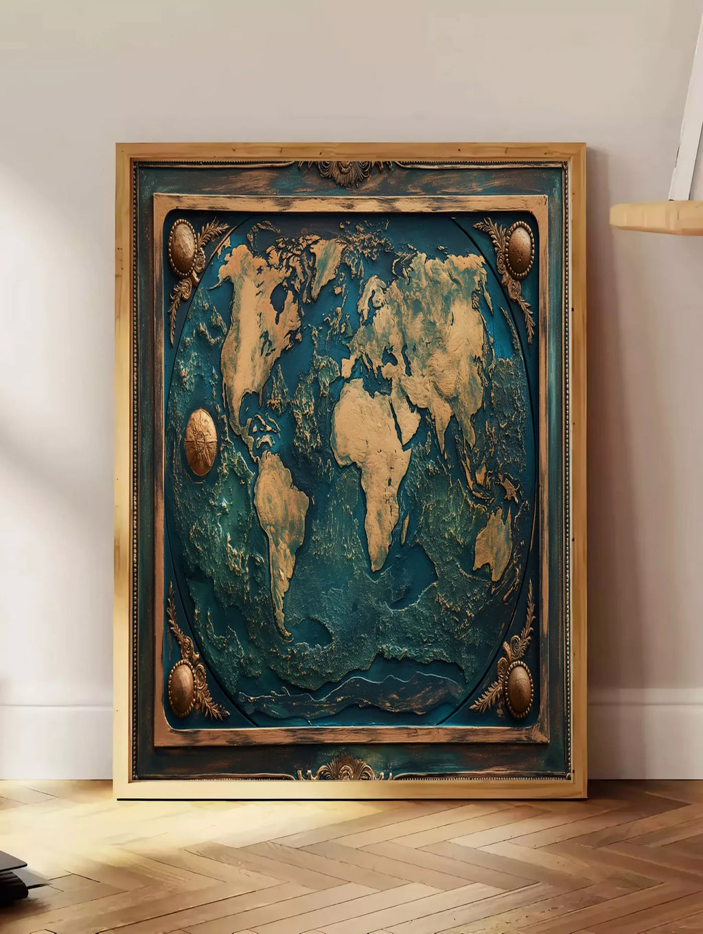 Estampe affiche mappemonde antique doree, posee au sol dans un coin salon, sur un parquet a chevrons, pres d'une table d'appoint en chene chargee de livres