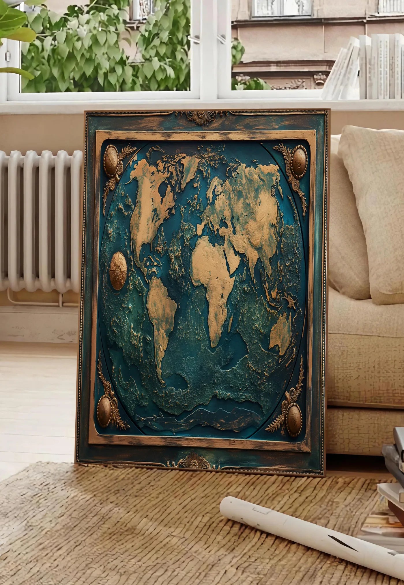 Poster affiche mappemonde antique doree, posee au sol dans un salon parisien, devant une grande fenetre donnant sur un immeuble haussmannien, entre un ficus et un canape creme