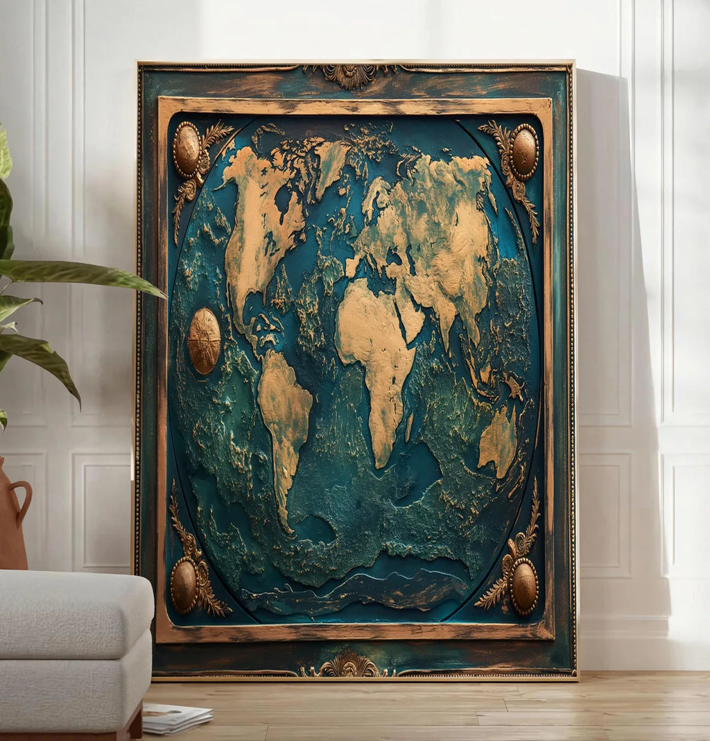 Reproduction affiche mappemonde antique doree, posee au sol dans un salon minimaliste clair, a cote d'un canape beige et d'une plante verte, sur un parquet clair