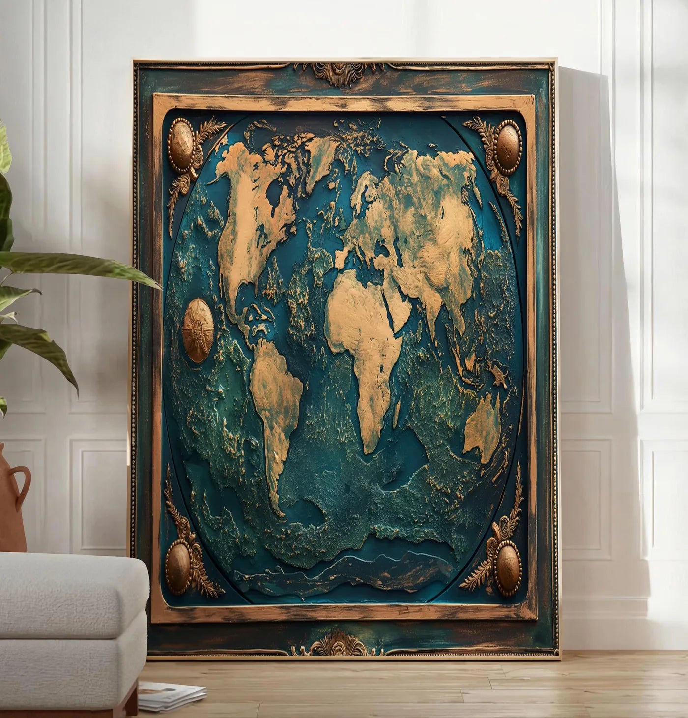 Reproduction affiche mappemonde antique doree, posee au sol dans un salon minimaliste clair, a cote d'un canape beige et d'une plante verte, sur un parquet clair