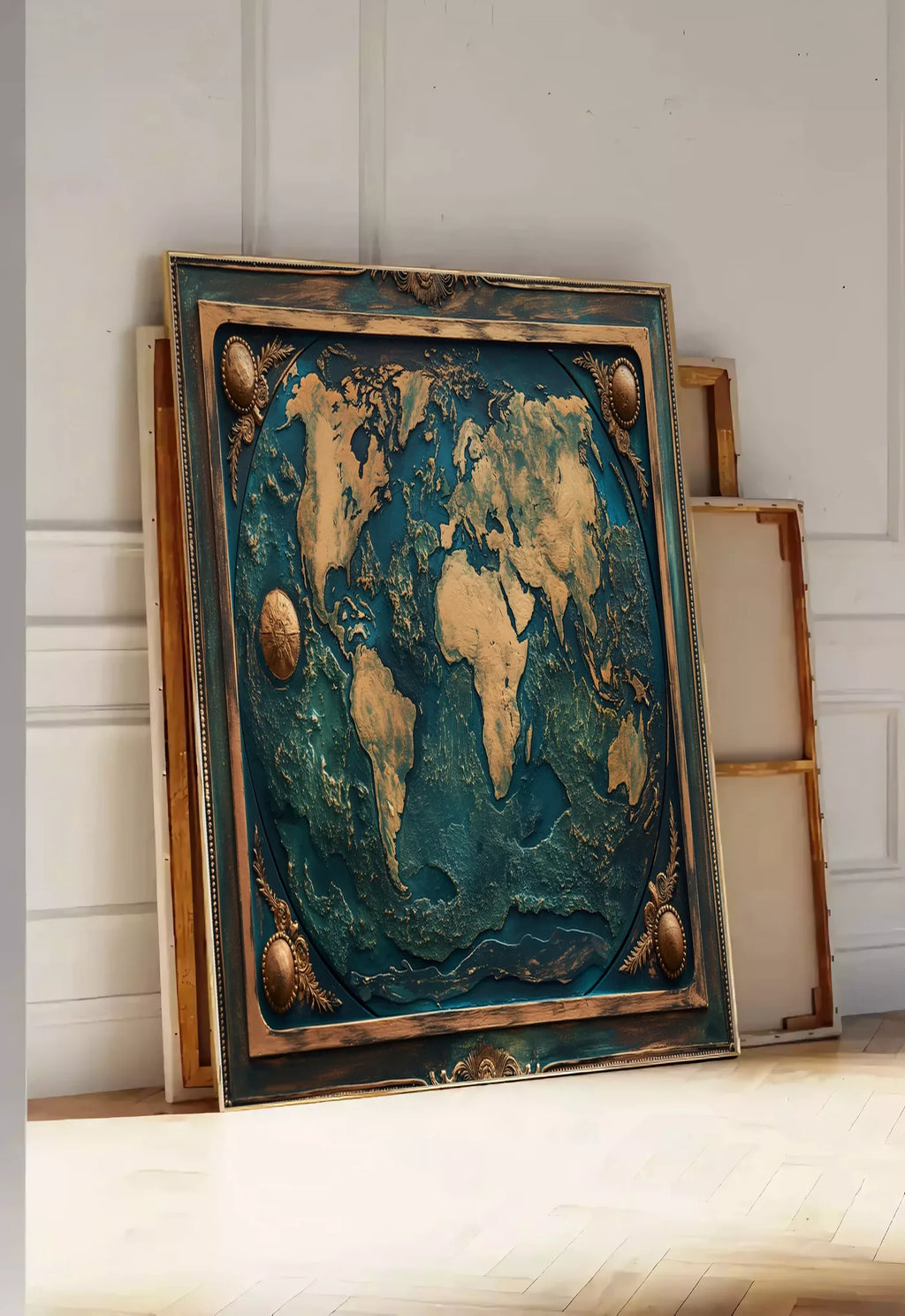 Tirage encadrable affiche mappemonde antique doree, posee au sol dans une entree lumineuse, contre un mur a panneaux blancs, a cote de chassis en bois empiles