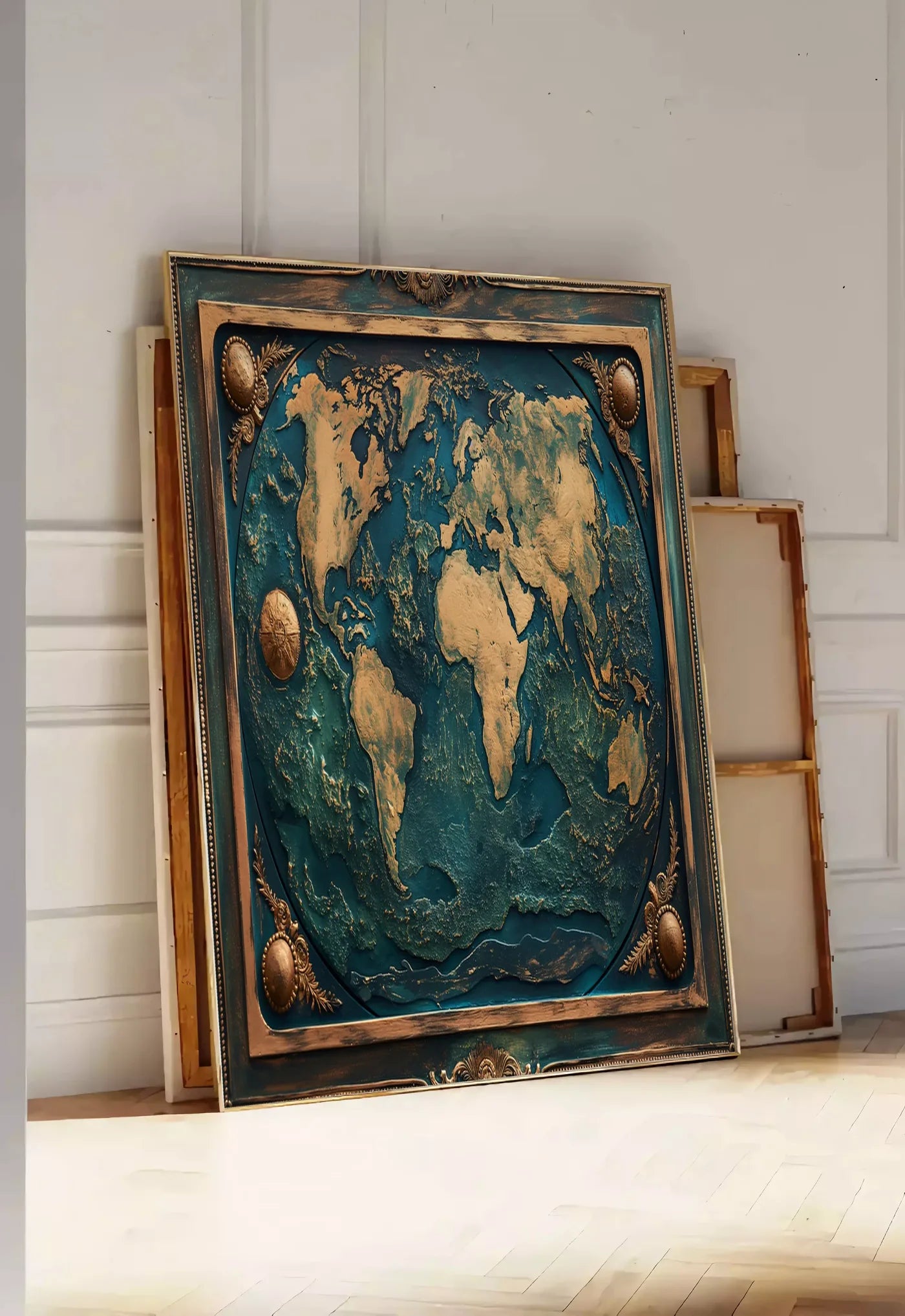 Tirage encadrable affiche mappemonde antique doree, posee au sol dans une entree lumineuse, contre un mur a panneaux blancs, a cote de chassis en bois empiles
