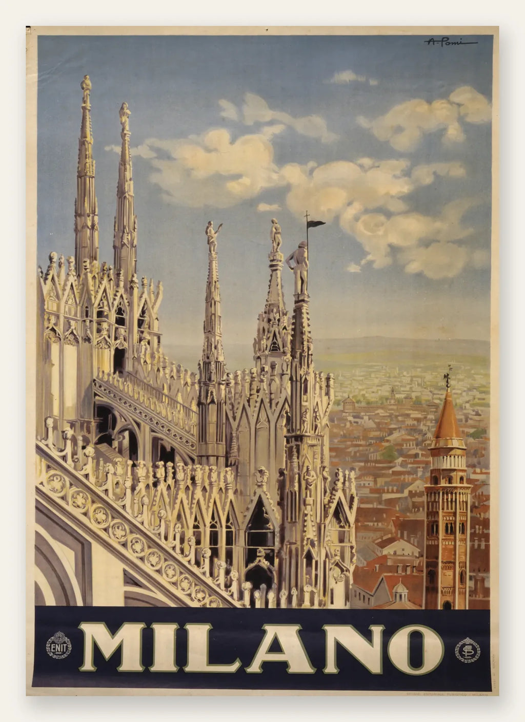 Affiche Milano vintage, fleches de marbre du Duomo sur les toits de la ville