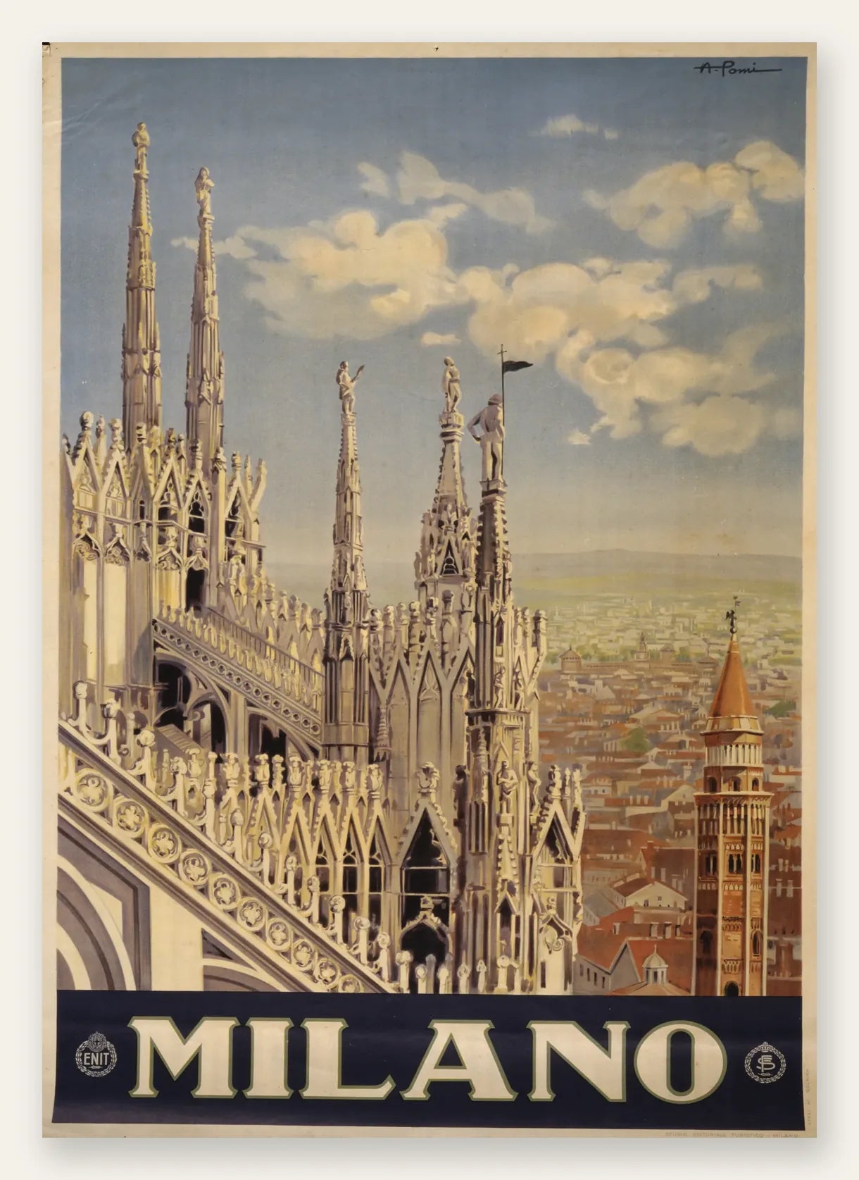 Affiche Milano vintage, fleches de marbre du Duomo sur les toits de la ville