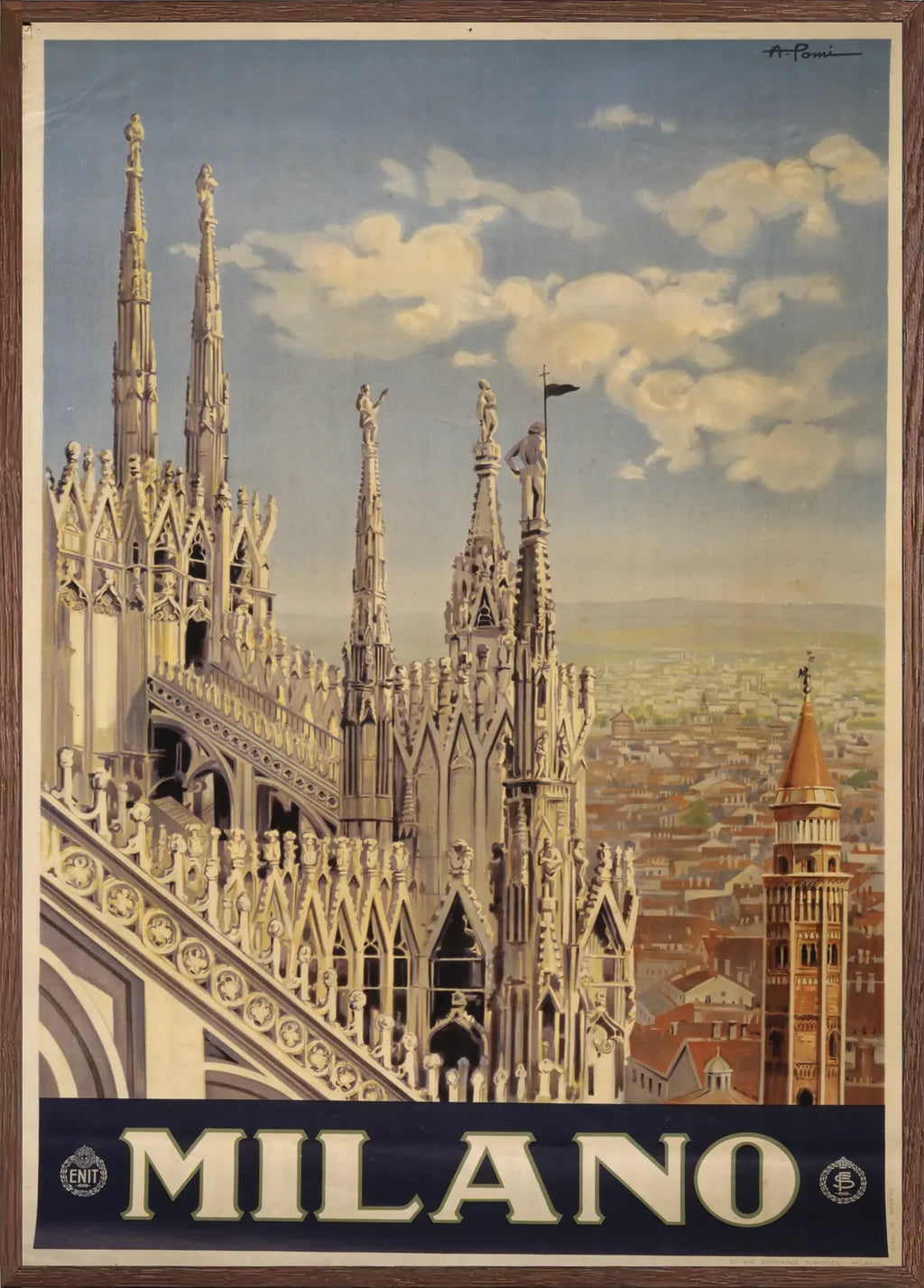 Cadre chene clair entourant l'affiche Milano Duomo vintage