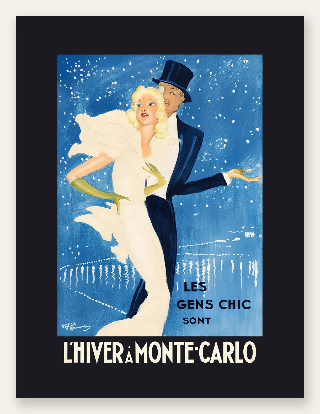 Couple dansant élégant sous un ciel bleu de cobalt, haut-de-forme et monocles, flocons et petites lumières scintillantes