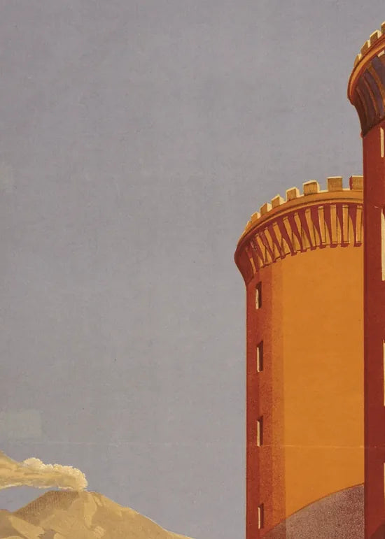 Gros plan sur les tours cylindriques du Castel Nuovo, ocre et rouille ENIT