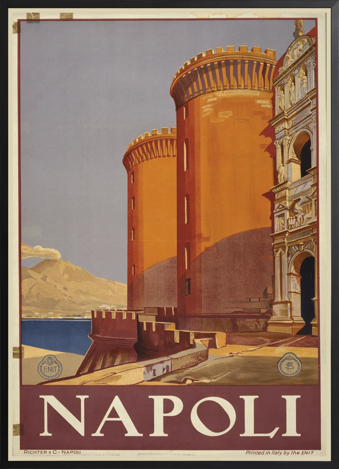 Encadrement noir mat autour de l'affiche Napoli Castel Nuovo vintage