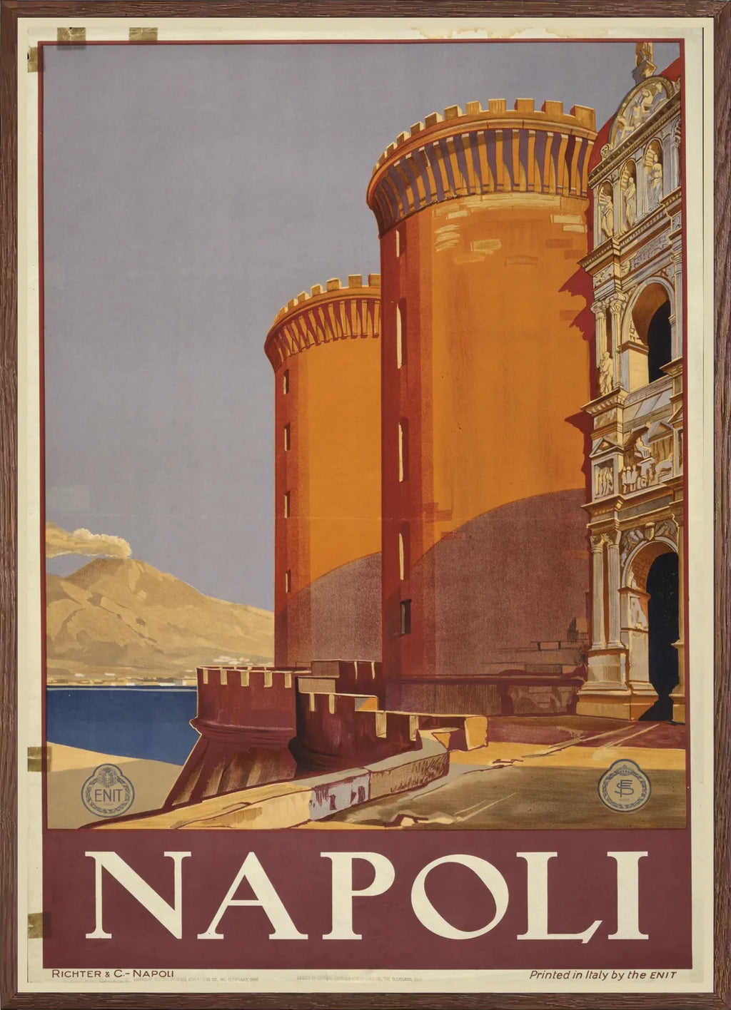 Cadre chene clair entourant l'affiche Napoli voyage vintage ENIT