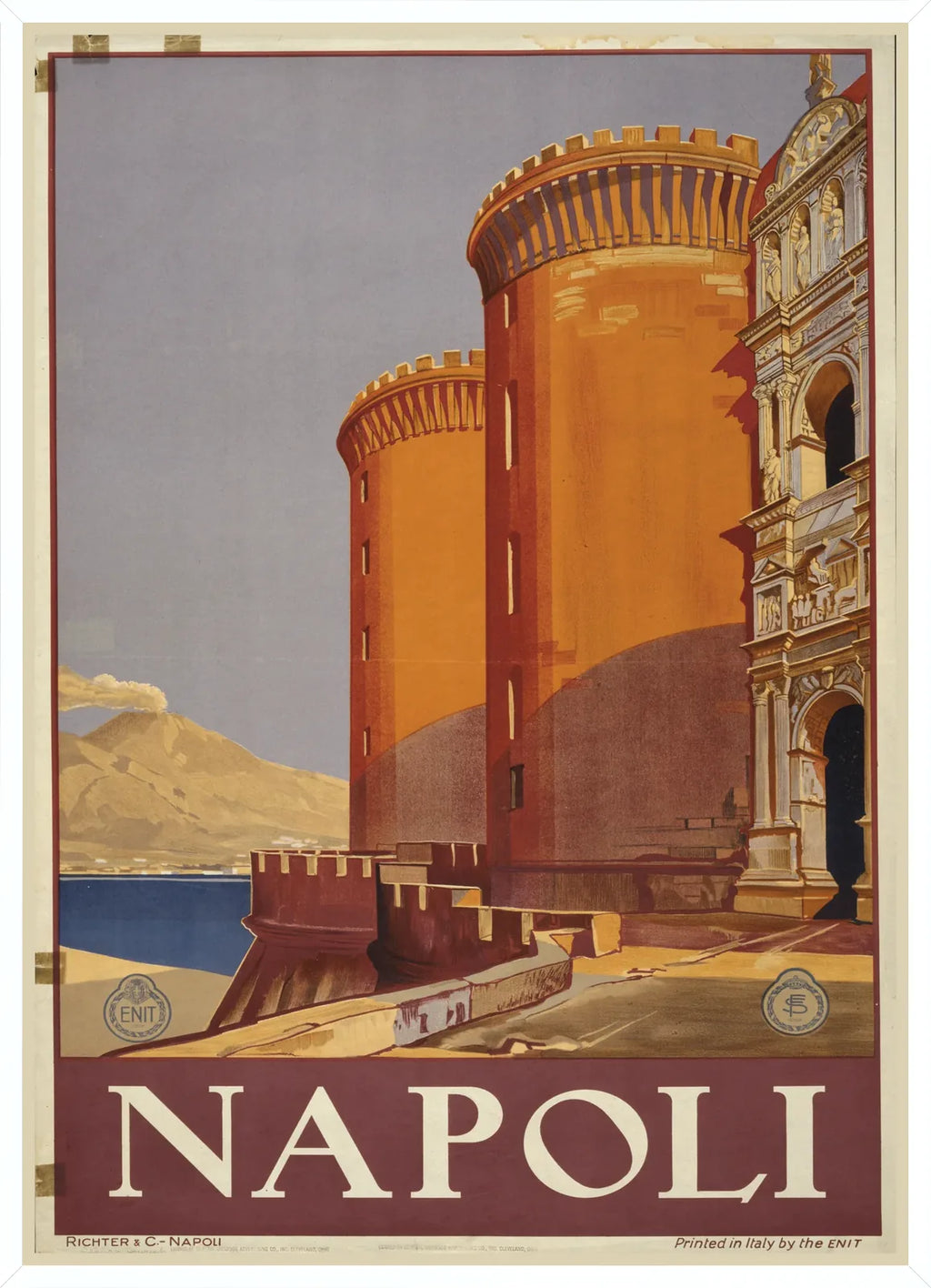 Cadre blanc epure presentant l'affiche voyage Napoli ENIT annees 1920