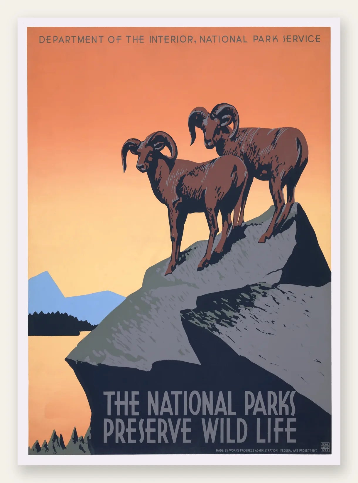 Affiche mouflons National Parks vintage, deux betes sur les rochers au coucher de soleil orange